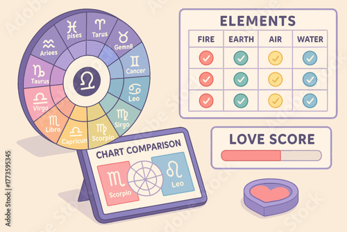 Astrology chart with zodiac signs, elements, and love compatibility score