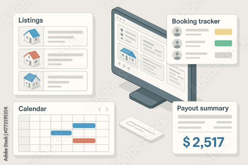 Vacation rental management dashboard displaying listings, calendar, and payout summary