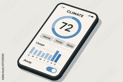 Smartphone interface showing climate control with temperature and energy usage graph