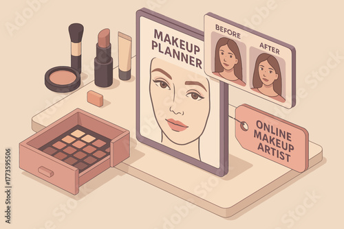 Makeup planner and online makeup artist concept with various cosmetics
