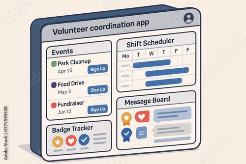 Volunteer coordination app interface with event scheduler and messaging features
