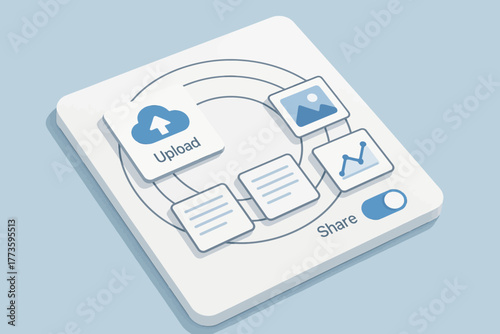 Digital content sharing interface with upload and analytics icons on light blue background