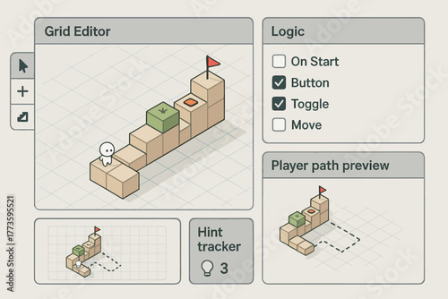 Isometric puzzle game interface with character and logic features