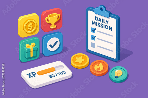 Colorful icons of daily missions and rewards in game interface on purple background