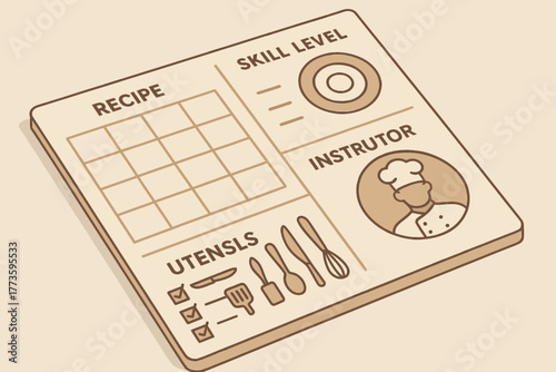Cooking skill chart with recipe grid and culinary tools icon