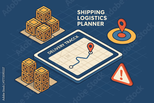 Isometric shipping logistics planner with map and delivery track
