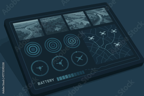 Aerial drone control panel displaying battery, maps, and surveillance data
