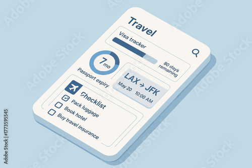 Travel app interface with visa tracker and flight details on blue background
