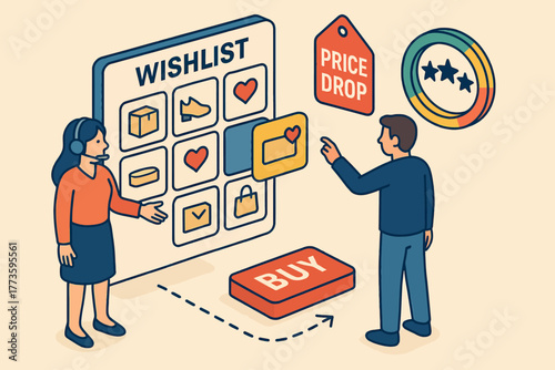 Online shopping interaction with caucasian female and male reviewing wishlist and price drops