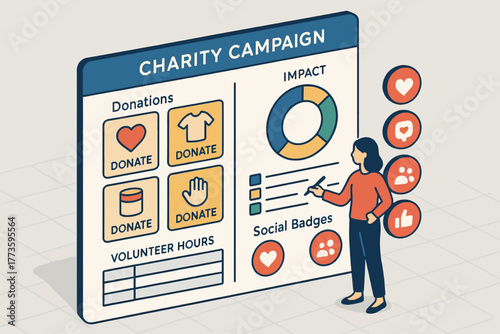 Female engaging with charity campaign interface: donations, volunteer hours, social impact, badges
