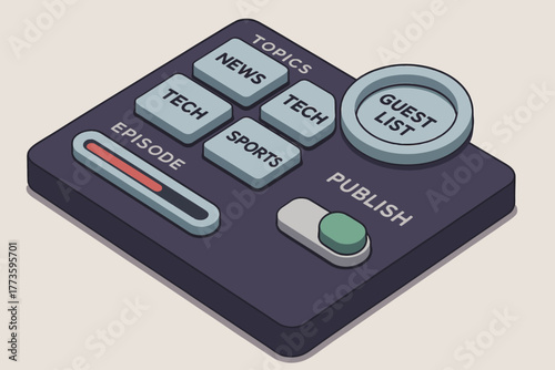 Podcast episode control dashboard with guest list and topic selection buttons