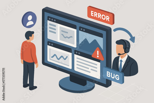 Customer support assisting male in resolving computer error - isometric illustration