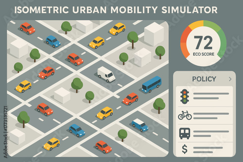 Isometric urban mobility simulator with eco score and traffic policy indicators