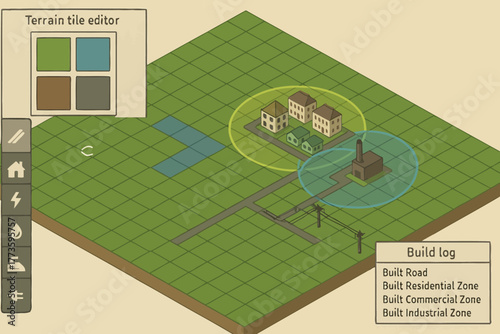 Isometric city planning simulation with residential and industrial zones