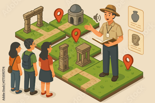 Male tour guide teaching young tourists about ancient ruins in an educational setting