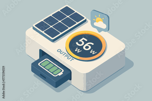Solar-powered battery output display with charging indicator