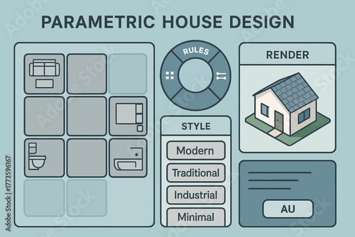 Parametric house design interface with modern style options and render preview