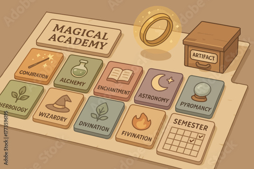 Magical academy curriculum overview featuring subjects and artifacts