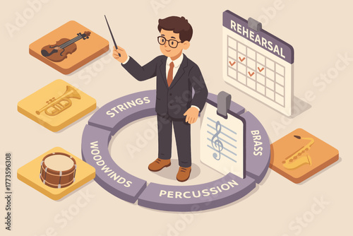 Young caucasian male conductor with orchestra instruments for rehearsal planning