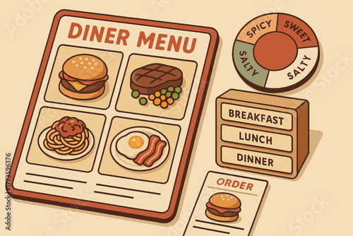Retro diner menu with food illustrations and flavor palette wheel
