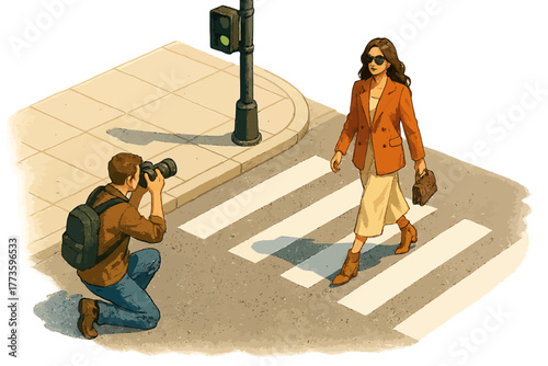 Fashionable female walking on crosswalk while photographer captures moment