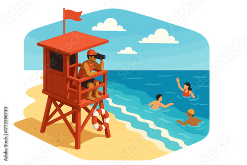 Lifeguard watching swimmers at beach on a sunny day