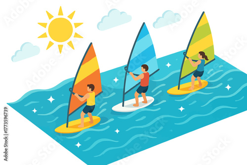Young adults windsurfing on sunny day in vibrant vector art