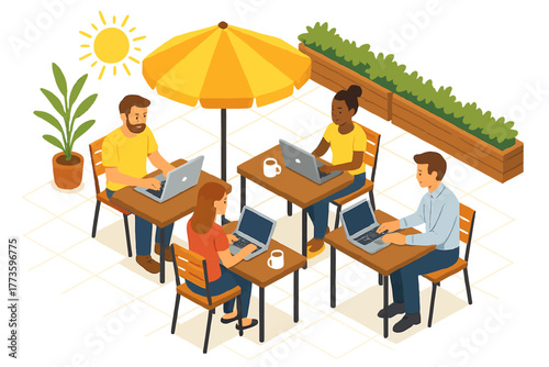 Diverse group collaborating outdoors at cafe with laptops under umbrella