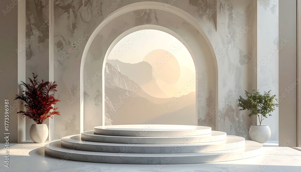 Fototapeta premium Minimalist backdrop showcases a tiered platform, archway framing distant mountains in soft, diffused sunlight