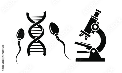 Scientific illustration of DNA, sperm, and microscope symbolizing genetic research and reproduction