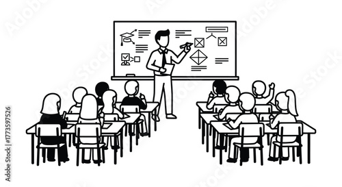 Engaged students learning from teacher at blackboard in classroom