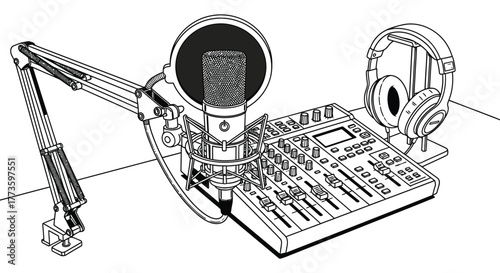 Professional audio recording setup with microphone, mixer, and headphones for podcasting or music production.