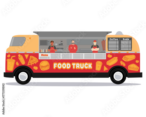 Food truck. Vector illustration of a van used for preparing and selling street food (or fast food). Inside the van are a chef and two assistants.