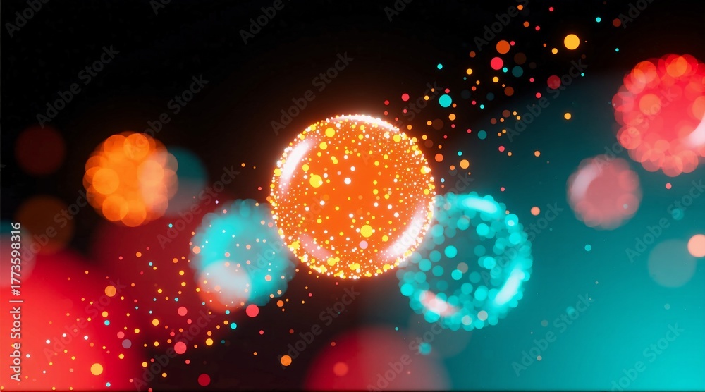 Obraz premium A vibrant, glowing sphere of golden particles floats amidst a dreamy backdrop of colorful bokeh lights in reds, oranges, and tealsevoking magic, celebration, or cosmic wonder.