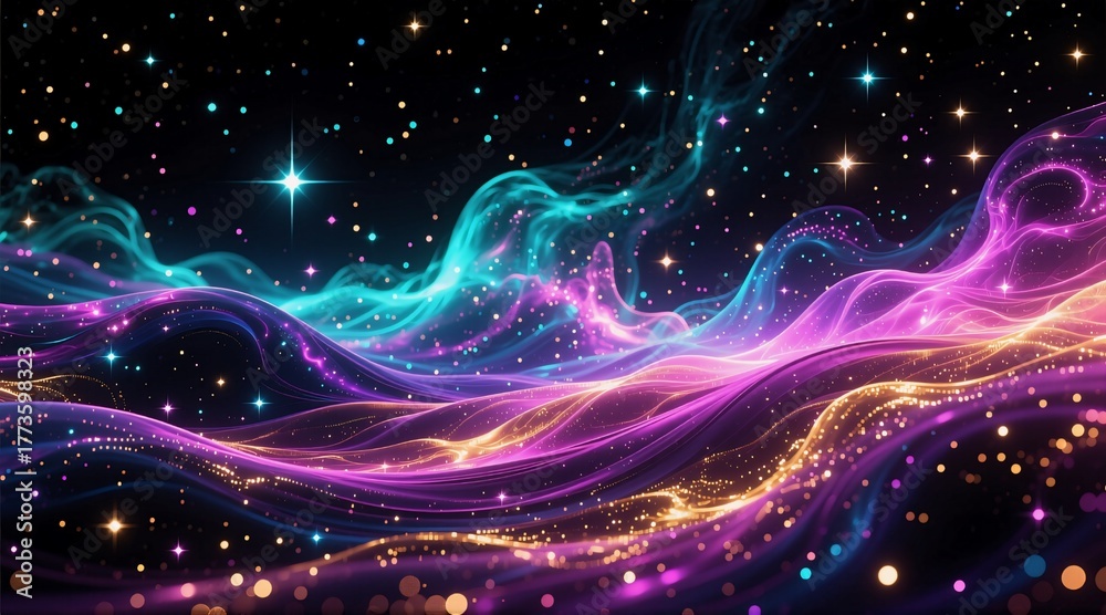 Fototapeta premium A mesmerizing cosmic swirl of neon colorsvibrant purples, electric blues, and golden streaksdance across a starry night sky, sparkling with twinkling stars and glowing particles in a dreamy, futuristi