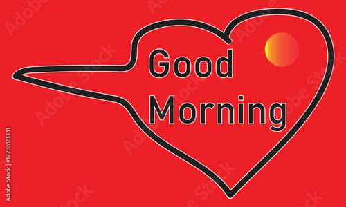 Good Morning Greeting with Heart Outline and Rising Sun on Red Background