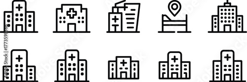Hospital building icon set, medical facility symbol, healthcare center illustration, emergency clinic line icons, hospital structure design, outline graphic