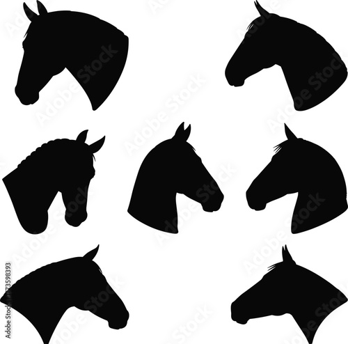 Horse head silhouettes, black horse profiles, equine vector icons, stallion shapes, horse illustrations, horse head designs, isolated animal silhouettes