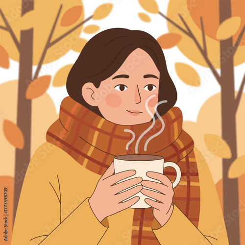 Illustrated woman in a cozy scarf holding a warm steaming mug.