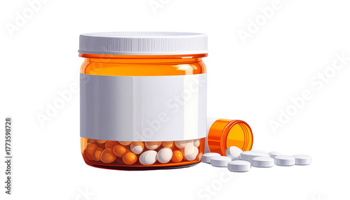  Prescription Pill Jar and Tablet Packaging isolated on solid white background Png form