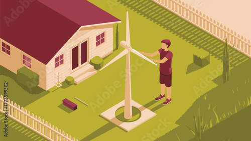 Man installing wind turbine in backyard near house and fence on a sunny day isometric view