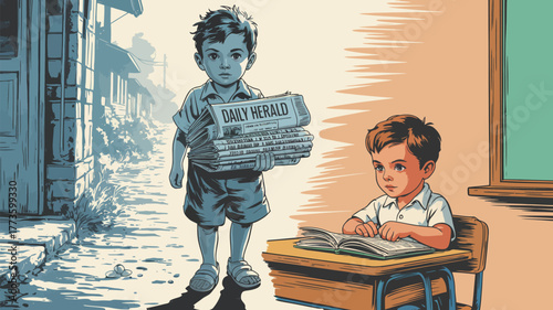 A young boy holding newspapers standing next to another boy sitting at a school desk reading a book