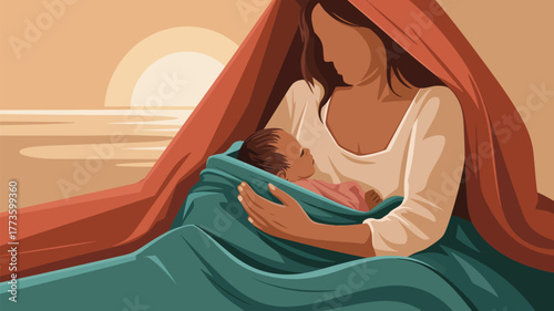 Illustration of a mother holding her baby with a blanket and sunset background scenery view