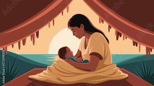A mother holding her baby near the ocean at sunset under a canopy with a warm and loving expression