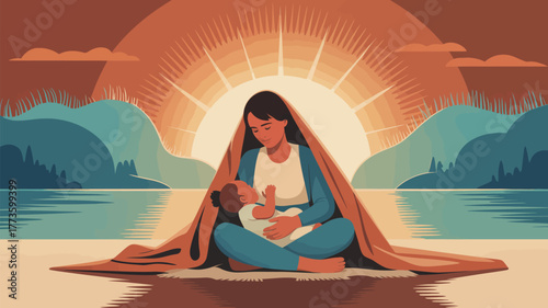 Illustration of a mother breastfeeding her baby on a beach with mountains and a bright sun behind