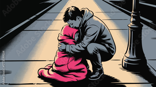 A person hugging another wrapped in a blanket on a street under a lamppost in a comic style image