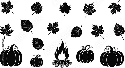 Autumn leaves silhouette, fall foliage design, pumpkin harvest illustration, seasonal campfire art, Thanksgiving decoration, Halloween vector, rustic nature elements