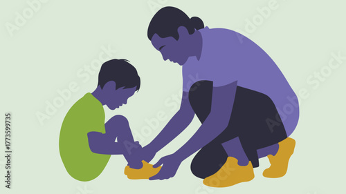 A woman tending to a child's foot with concern in a simplified illustration style vector image art