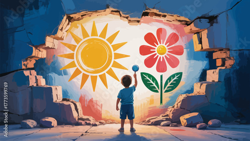 A child paints a sun and flower on a broken wall with a brush in an artistic illustration style