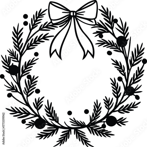 Minimalist Black and White Line Art Christmas Wreath

